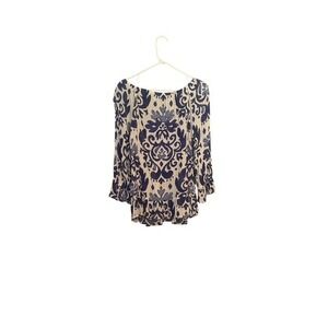 INC Boho Tunic Top Royal Blue White Paisley Print Long Sleeve Flowy Blouse